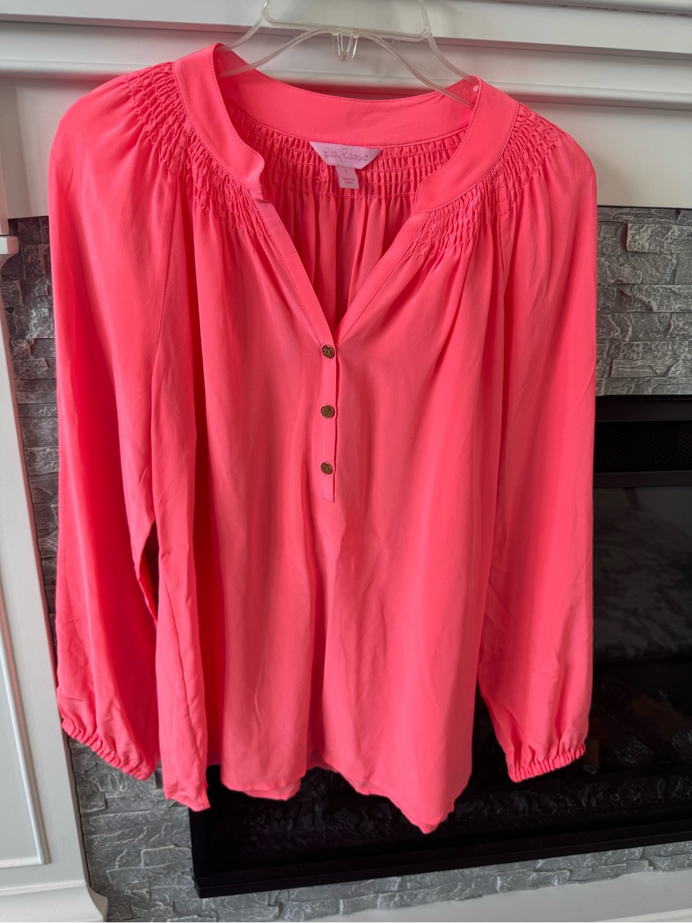 Lilly Pulitzer Elsa Silk Blouse Coral Pink Bohemian Style Long Sleeve Size Small